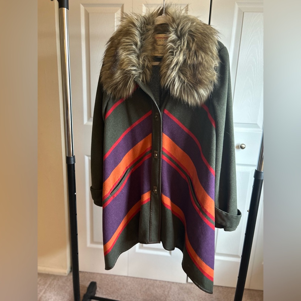 Olive Green Knit Sweater Coat with Faux Fur Collar - Women's